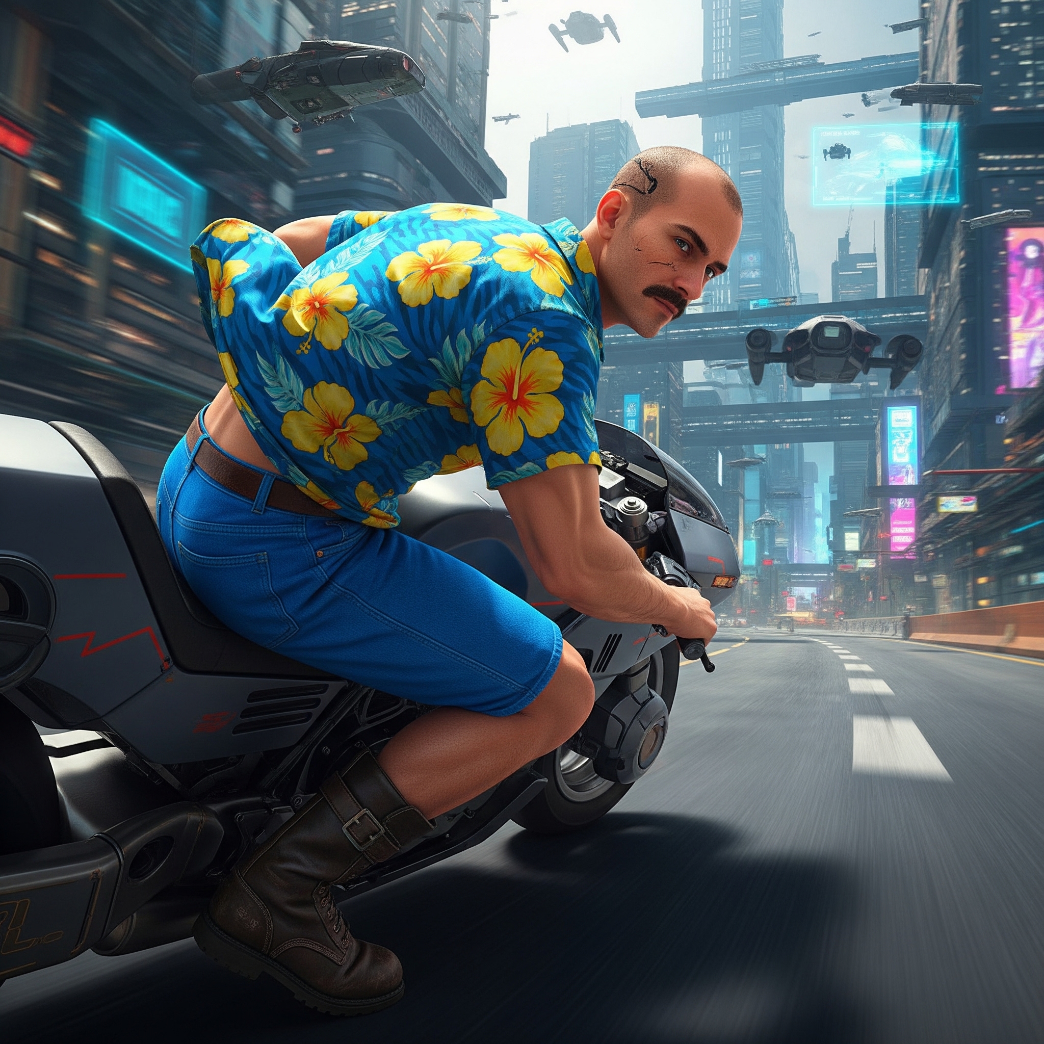 Bodie Satva - Enlightened Author riding through a futuristic cityscape